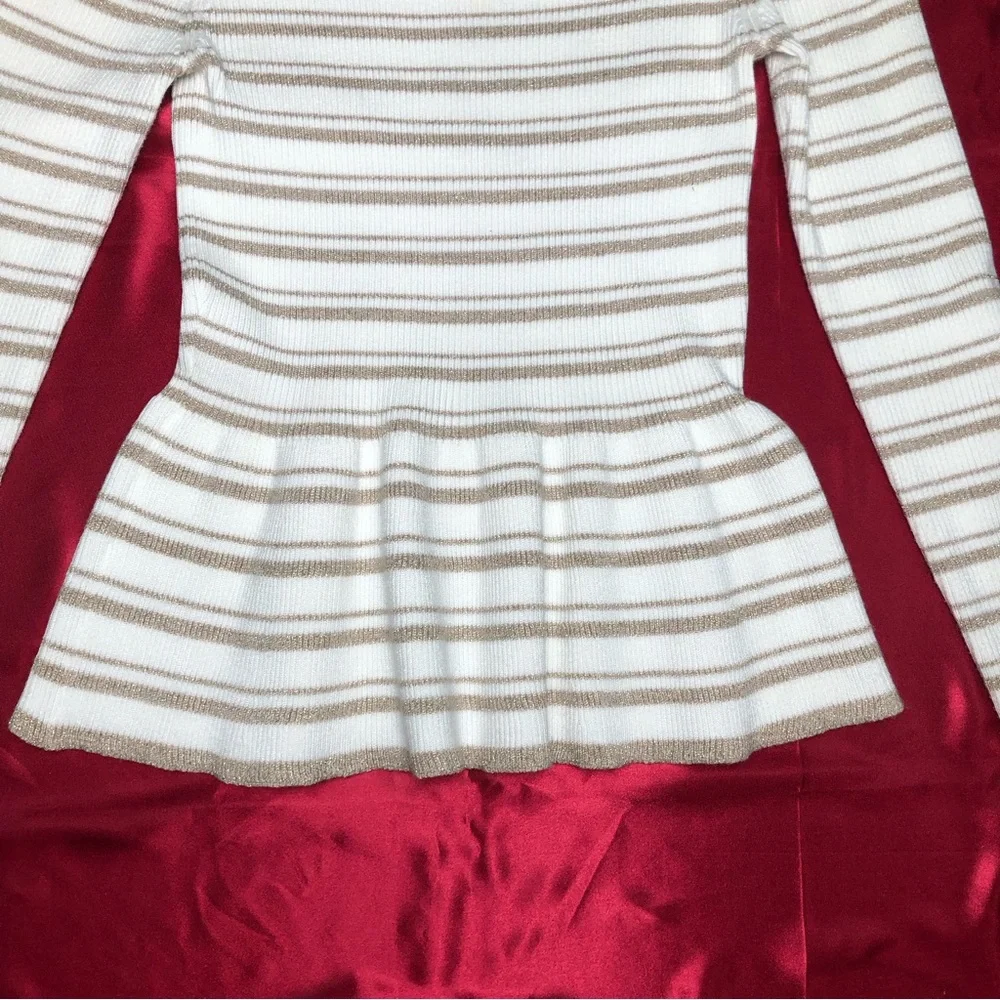 White House Black Market Boat Neck Peplum Hem Metallic Thread Stripped Sweater - Picture 5 of 11